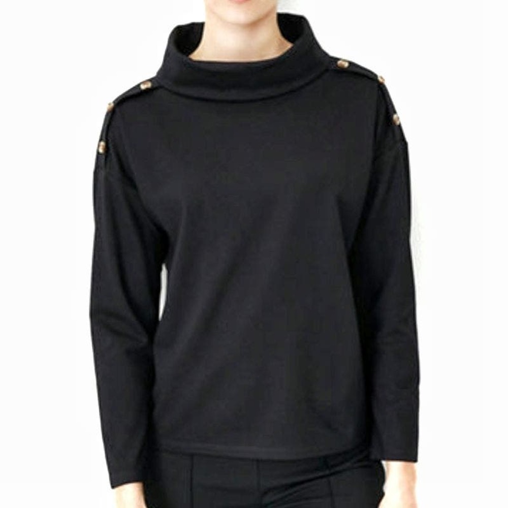 New Ann Taylor Small Button Mock Neck Top Black